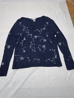Embroidered Navy Long-Sleeve Tee with Tie Neck